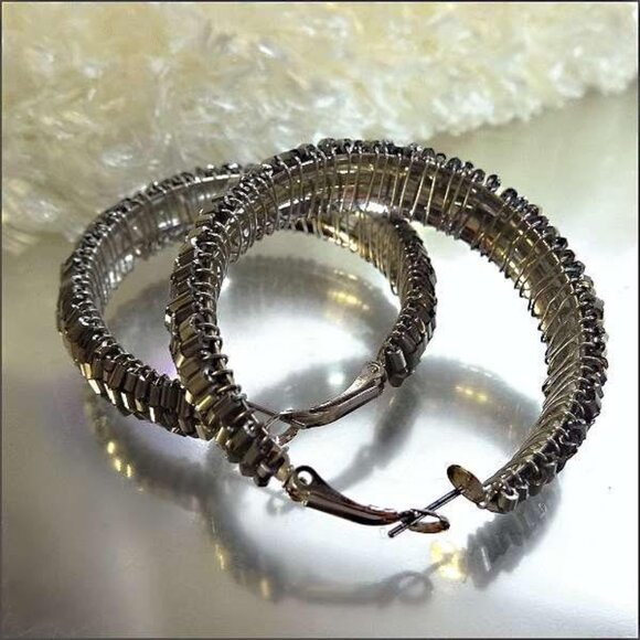 1980s Silver Hematite Gem Big Hoop Vintage Pierced Earrings - Picture 3 of 4